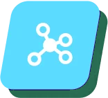Icon of a blue digital or technological motif, featuring a central node connected to three surrounding nodes, on a lighter blue square background