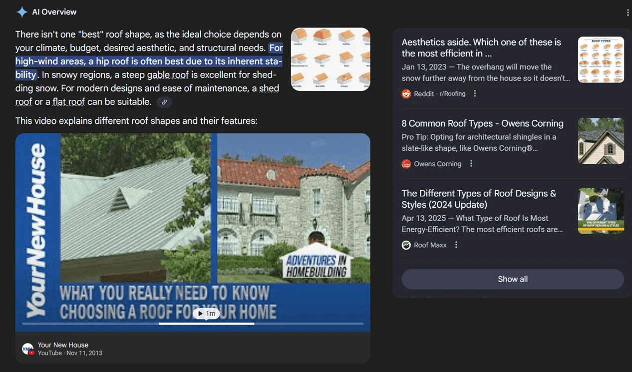 AI Overviews about the best type of roof