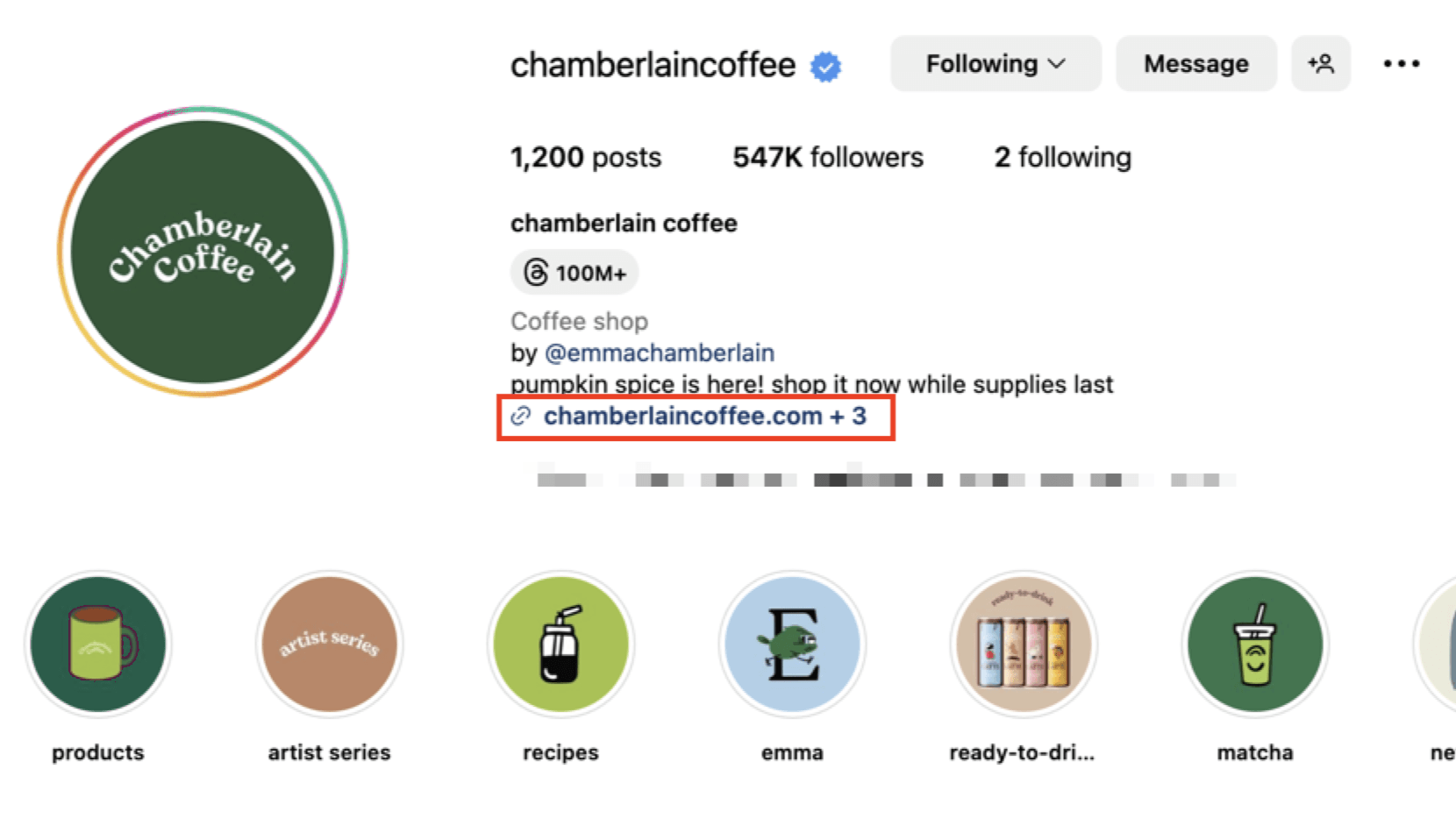 Instagram profile for Chamberlain Coffee, with a link to the website in their bio