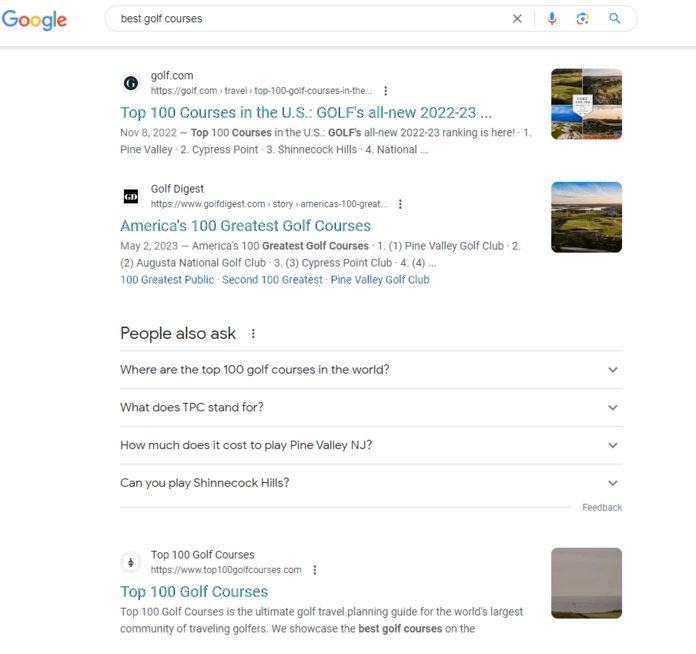 Best golf courses Google search results