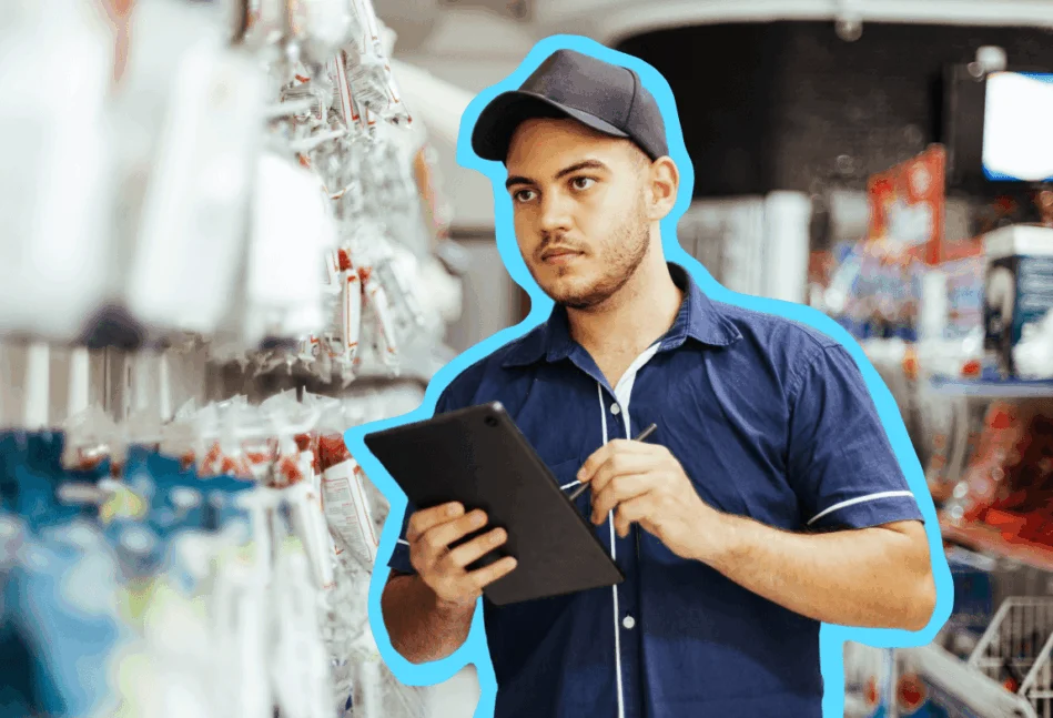 Man in a blue shirt and ball cap holding a checklist and pen