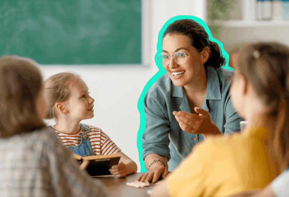Female teacher talking to a group of young students