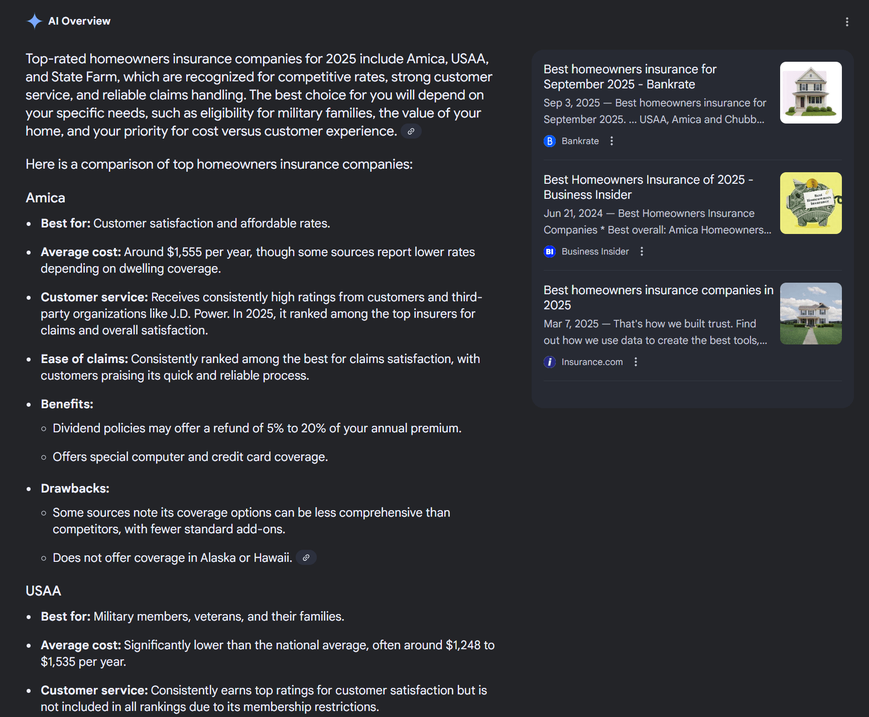 AI Overviews response to a home insurance query