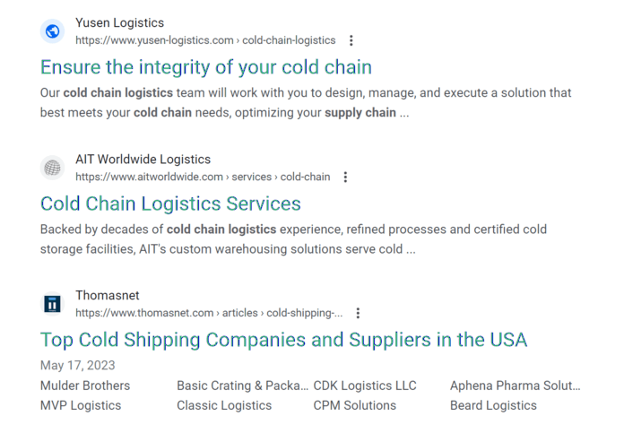Cold chain logistics SERPs