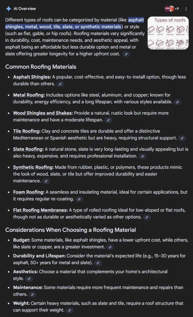 AI Overview result for a query about roofing materials