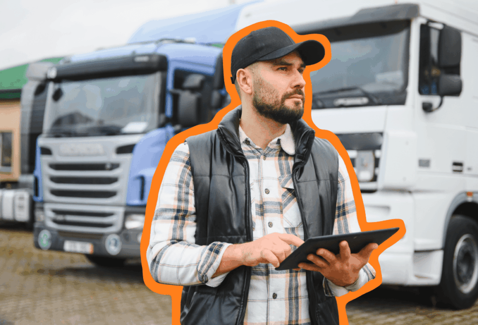 Man in a flannel shirt and vest standing in front of trucks while on a tablet