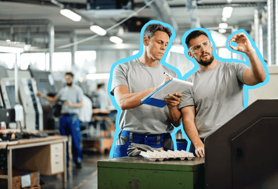 Two factory floor workers talking in a manufacturing facility