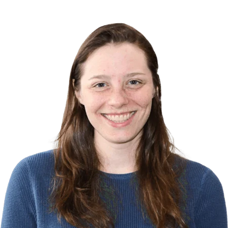 Portrait of a smiling woman with long hair, transparent background.