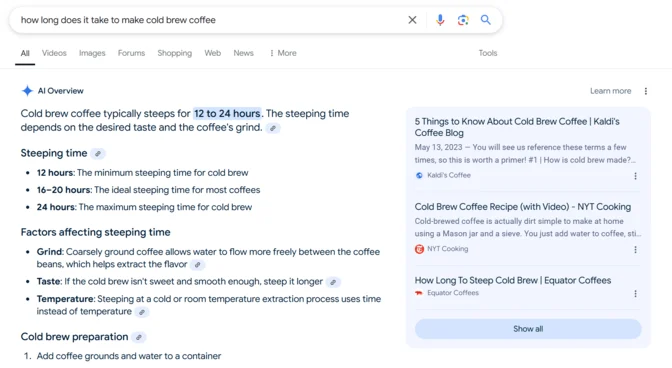 AI Overview with a cold brew recipe cited