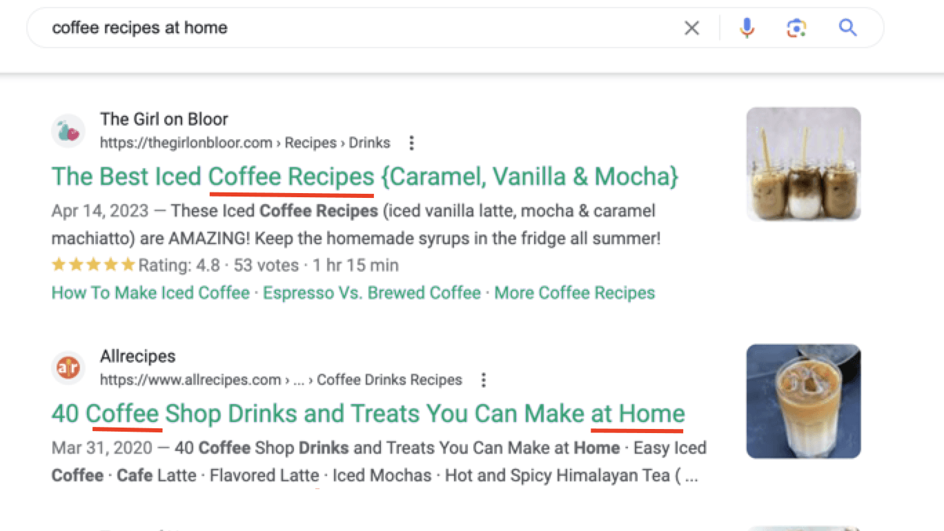 Search results for "coffee recipes at home," which include variations of the keyword in the title