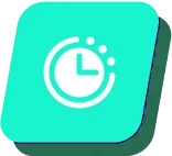 a teal square with a white clock inside of it